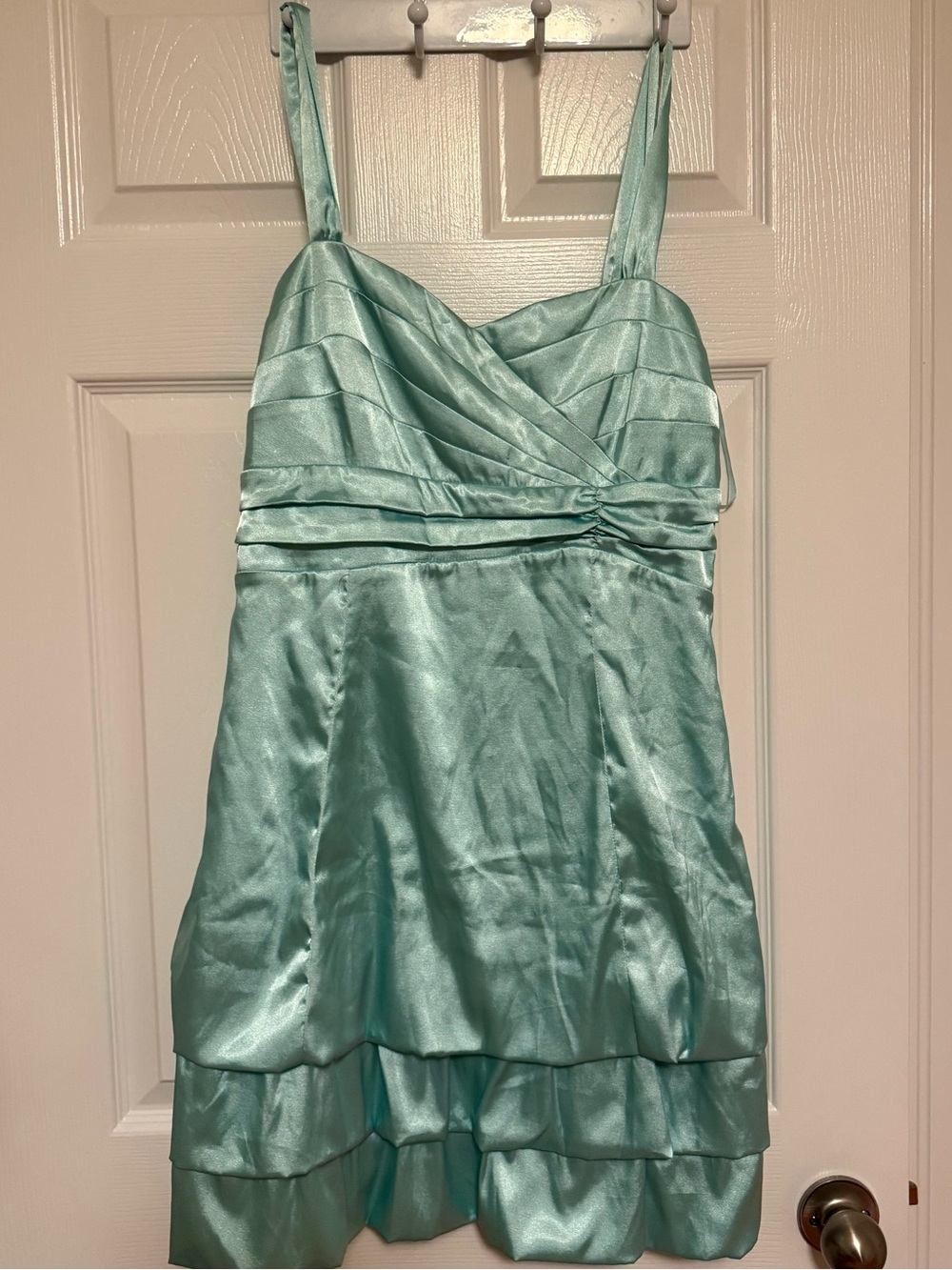 Vintage Le Chateau Aqua Satin Tiered Spaghetti-Strap Formal Dress